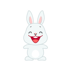 Cute smiling bunny. Flat cartoon illustration of a funny little laughing rabbit isolated on a white background. Vector 10 EPS.