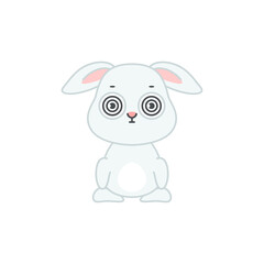 Cute dizzy bunny. Flat cartoon illustration of a funny little gray rabbit with spiral eyes isolated on a white background. Vector 10 EPS.