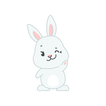 Cute smiling bunny with winking eye. Flat cartoon illustration of a funny little rabbit isolated on a white background. Vector 10 EPS.