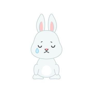 Cute crying bunny. Flat cartoon illustration of a little gray sad rabbit isolated on a white background. Vector 10 EPS.