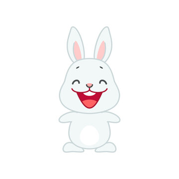 Cute smiling bunny. Flat cartoon illustration of a funny little laughing rabbit isolated on a white background. Vector 10 EPS.