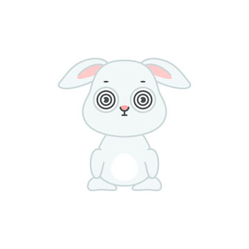 Cute dizzy bunny. Flat cartoon illustration of a funny little gray rabbit with spiral eyes isolated on a white background. Vector 10 EPS.