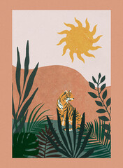 Tygrys w dżungli, na tle słońca i roślin, minimalistyczna nowoczesna ilustracja. © insomniafoto