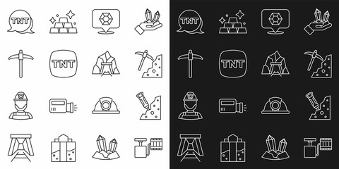 Set line Handle detonator, Construction jackhammer, Pickaxe, Gem stone, Dynamite, and Mine entrance icon. Vector