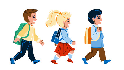 kid walk to school vector. backpack young boy girl, student back, happy lifestyle elementary children kid walk to school character. people flat cartoon illustration