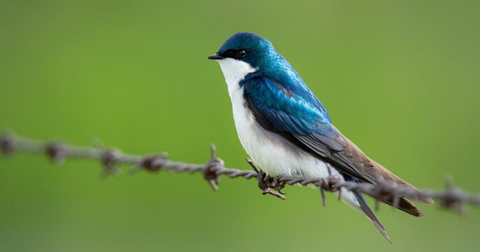 Selective focus shot of tree swallow (tachycineta bicolor) perched on barbed wire