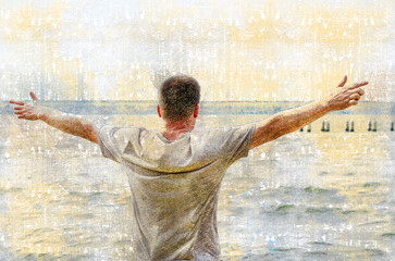 Half-length portrait of grown man standing on bank of wide river. Man in gray shirt with short sleeves, arms outstretched to sides. Rearview. Digital watercolor painting. Modern art.
