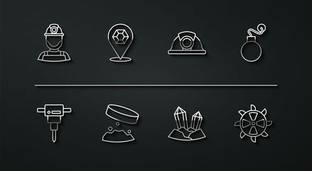 Set line Miner in a helmet, Construction jackhammer, Bomb, Gem stone, Giant magnet holding iron dust, Bucket wheel excavator and icon. Vector