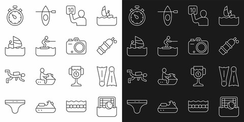 Set line Water polo, Flippers for swimming, Aqualung, Assessment of judges, skiing man, Windsurfing, Stopwatch and Photo camera icon. Vector