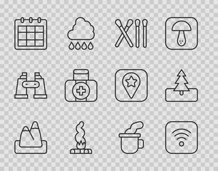 Set line Mountains, Wi-Fi wireless internet, Match stick, Campfire, Calendar, First aid kit, Cup of tea and Tree icon. Vector