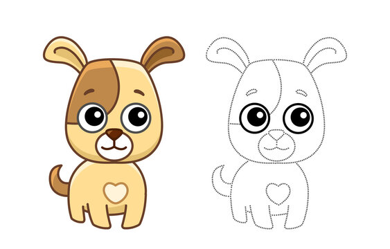 Animal for children coloring book. Vector illustration of funny dog in a cartoon style. Trace the dots and color the picture