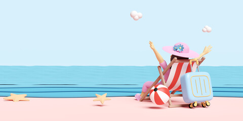 3d character cartoon woman travel on summer beach and sky with beach chair, ball, suitcase, hat, starfish, landscape background. tourism trip concept, 3d render illustration