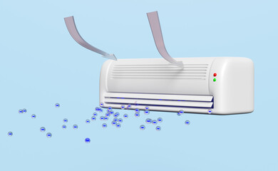 3d air conditioner system with anion, ozone, arrow air flows shows isolated on blue background. 3d render illustration