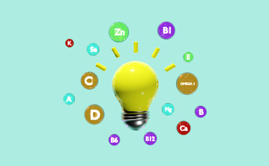 light bulb idea tip 3d, protect your health with multivitamins, The vitamins your body needs, isolated on green background. 3d render illustration