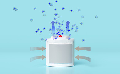 3d air purifier, dehumidifier, misting fans with electron anion, ozone, arrow air flows shows isolated on blue background. 3d render illustration, allergy prevention concept