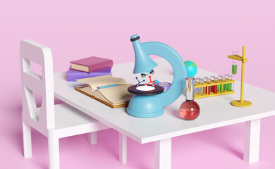 3d science experiment kit with microscope, globe, magnifying, beaker, test tube, student desk, chair isolated on pink background. room innovative education, e-learning concept, 3d render illustration