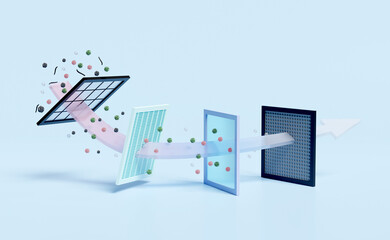 air filter layer and ventilate shows 3d, dust filter layer for air purifier, dehumidifier, misting fans, prevents vapors and odors from chemicals, virus, allergen, 3d render illustration