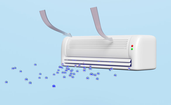 3d air conditioner system with anion, ozone, arrow air flows shows isolated on blue background. 3d render illustration