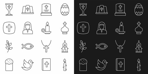 Set line Burning candle, Church building, Christian church tower, Grave with tombstone, Nun, cross, chalice and candlestick icon. Vector