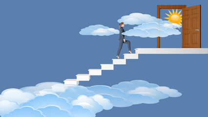 Illustrazione 3D. Futuro, architettura, scala. Donna sale la scala verso il futuro.. © massimo_g