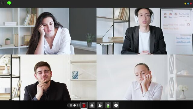 Web meeting. Video interview. Corporate telecommuting. Distant collaboration. Screenshot of tired bored business team working online at virtual office.