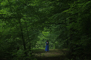 girl in a blue dress walking in forest