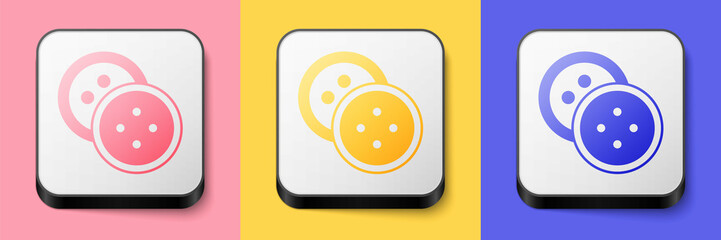 Isometric Sewing button for clothes icon isolated on pink, yellow and blue background. Clothing button. Square button. Vector