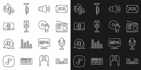 Set line Home stereo with two speakers, Microphone, Radio, Megaphone, Stereo, Laptop music, Music note, tone and DJ playing icon. Vector