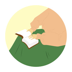Hands hold book. Reading and hobbies. Self-education and study. Sheets with paper pages. Flat cartoon illustration