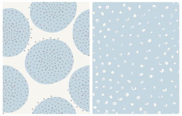 Abstract Hand Drawn Childish Style Vector Patterns. Simple Circles made of Dots on Off-White and Blue Background. Modern Geometric Seamless Pattern. Irregular Freehand Dotted Print ideal for Fabric.