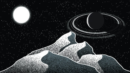 Star and planet in space. Futuristic landscape, with noise texture . Night landscape with starry sky .Vector illustration © miloje