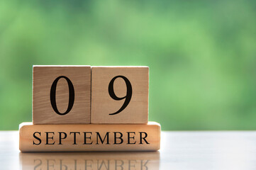 September 9 calendar date text on wooden blocks with copy space for ideas. Copy space and calendar...