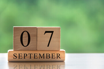 September 7 calendar date text on wooden blocks with copy space for ideas. Copy space and calendar...