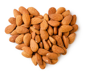 Almond lined a heart close-up on a white background. top view