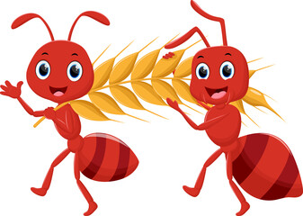 Cartoon happy ant carrying food 