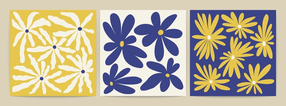 Abstract floral square patterns. Hand drawn botanical cards, flower prints naive contemporary style. Vector illustration