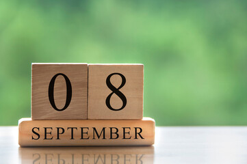 September 8 calendar date text on wooden blocks with copy space for ideas. Copy space and calendar...