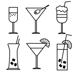 Vector of cocktails icon set. Alcohol drinks icons. Champagne, margarita cocktail, pina colada, martini, long drink.