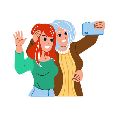 mother daughter selfie vector. family happy child, young mom, adult woman, mobile photo mother daughter selfie character. people flat cartoon illustration