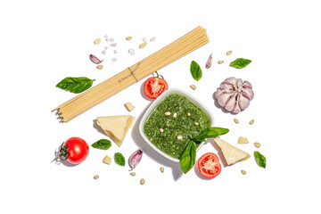 Traditional ingredients for the preparation of classic Italian pasta isolated on white background