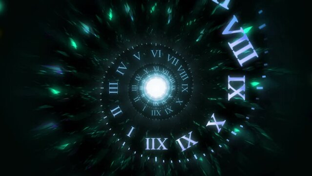 Dark Twisted Clock Face Time Spiral Cyan Mystical Animation with Glowing Roman Numerals