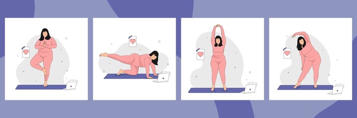 Cute Overweight girl doing Yoga. Set of Yoga exercises. Concept of love for your Body and Body Positive and healthy lifestyle. Hand drawn in thin Line style. Vector illustration.