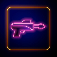 Glowing neon Fishing harpoon icon isolated on black background. Fishery manufacturers for catching fish under water. Diving underwater equipment. Vector