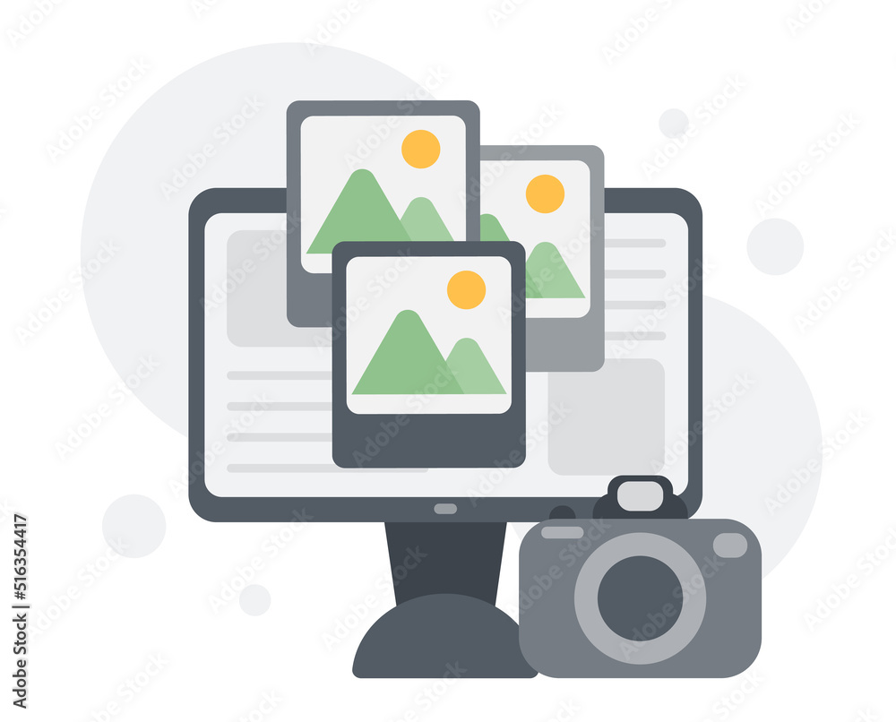 Poster digital picture image gallery watching on photo album online using desktop computer. vector flat car