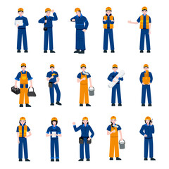 industrial male and female construction and character building workers various poses