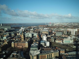 Aerial shot of the city of Liverpool, England as seen from the 
Radio City Tower on a cloudy day
