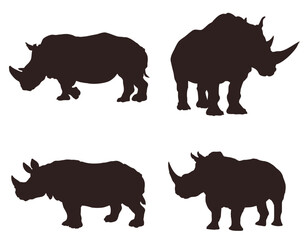 Set of silhouettes of African animals rhinoceros.