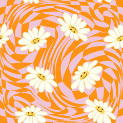 Fototapeta na wymiar Retro Smile Chamomile Seamless Pattern on 1970 Wavy Swirl Seamless Pattern. Hippie Aesthetic.