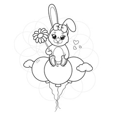 Coloring page. Cute cartoon bunny with a flower is flying on balloons
