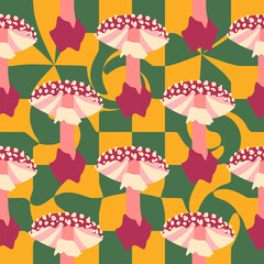 Magic psychedelic drug mushrooms seamless pattern. Psychedelic hallucination. 60-70s hippie colorful art. Vintage psychedelic textile